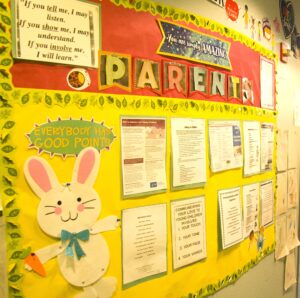 A parent bulletin board with information, resources and inspirational sayings.