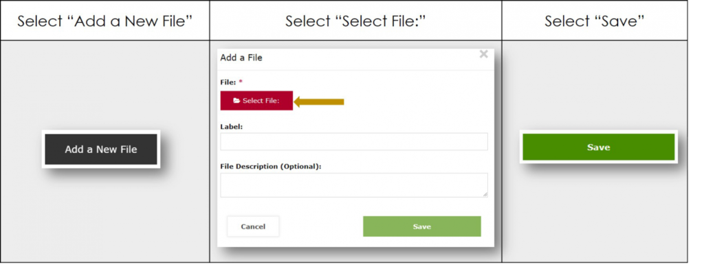Select Button reading "Add a New File" then Select File before selecting Save button.