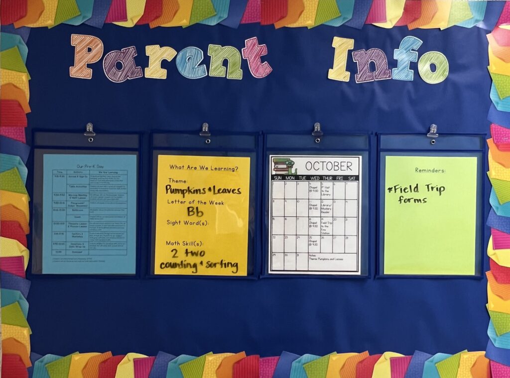 Parent board with field trip sign up, calendar, schedule and learning plan.
