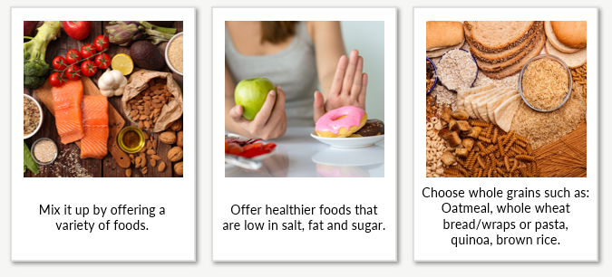 A collage of balanced healthy food choices and whole wheat examples.